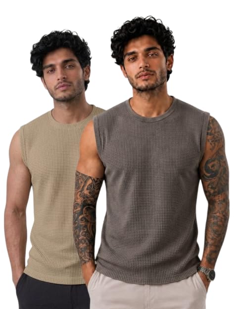 Men's Micro Waffle Knit Gym Vest | Sleeveless Tank Top for Workout, Running & Casual Wear (Pack of 2) Grey-image-12