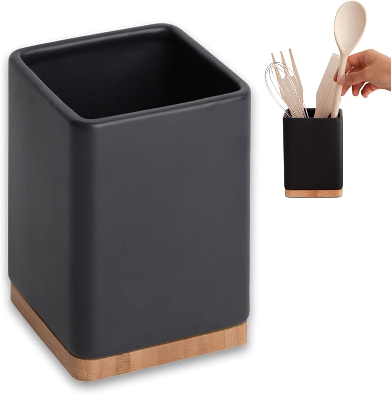KOOK TIME Kerámia Konyhai Eszköztartó - Fekete Evőeszköz Tároló Bambusz Fedéllel - Négyzetes Konyhai Kellék Szervező 10,5 x 15 cm