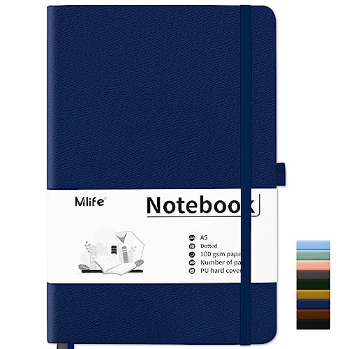 Mlife Notebook A5,Dotted Journal Buch mit 200 Seiten, Premium 100gsm Tintenfestes Papie Dickes,PU Hard Cover Notizbuch,Innentasche,Elastisch Gebändert,bullet journal&Dotted Notizblock A5(Blau)