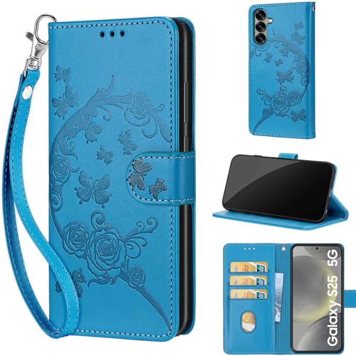 Étui pour Samsung Galaxy S25 5G avec porte-cartes et support en cuir gaufré rose