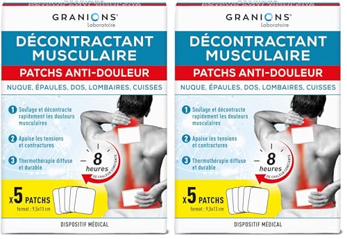 GRANIONS DECONTRACTANT MUSCULAIRE PATCHS ANTI-DOULEUR effet chauffant - Nuque, épaules, dos, lombaires, cuisses - 8 heures de chaleur diffuse et constante -...