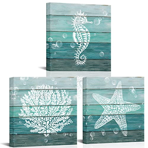 Artsbay Oean Bathroom Canvas Wall Art Starfish Coral Seahorse With Bubble Ocean World Pictures Canvas Framed Modern Marine Animal Artwork For Living Room Bedroom Home Kids Room Decoration #TOP28