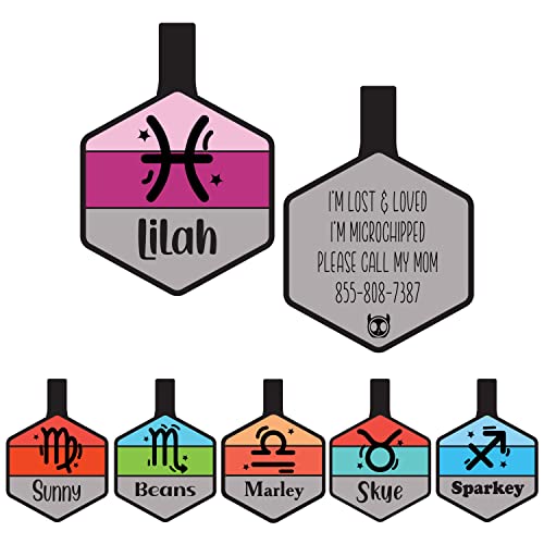 Silent Dog Tag Personalized with 5 Lines of Custom Deep Engraved Durable Soundless Silicone Pet ID Name Tag Hexagon Zodiac Pink