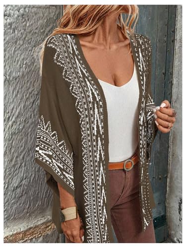 Image of WDIRARA Women's Tribal Boho Cardigans Open Front Knit Lightweight Short Sleeve Kimonos Sweater