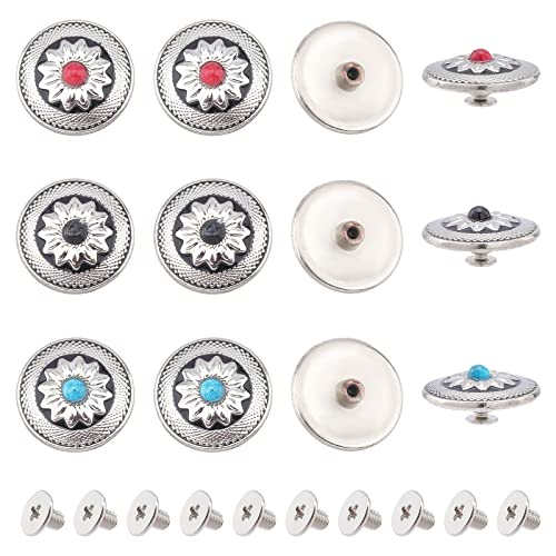 Ahandmaker 18 Set 3 Colors Alloy And Turquoise Craft Solid Screw Rivet, Vintage Metal Screw Button With Iron Findings, Flat Round Sunflower Decorative Buckle For Diy Luggage Leather Goods Accessories #TOP27