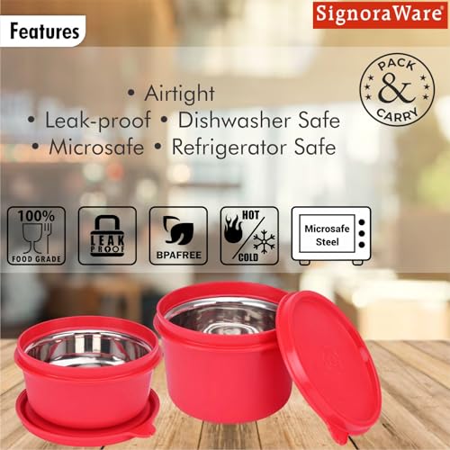 Image of Signoraware Monarch Executive Microsafe Stainless Steel Container | Airtight & Leakproof | Odor-Free & Stain Resistant | Ideal for Office & Outdoor Use (500ml+350ml | Setof2 | Red)