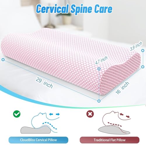 Image of CloudBliss Memory Foam Pillow, Ergonomic Neck Contour Cervical Pillow for Back and Shoulder Pain, Orthopedic Pillow for Neck Pain Relief, for Sleeping Side, Back, Stomach Sleepers - Pink, Queen