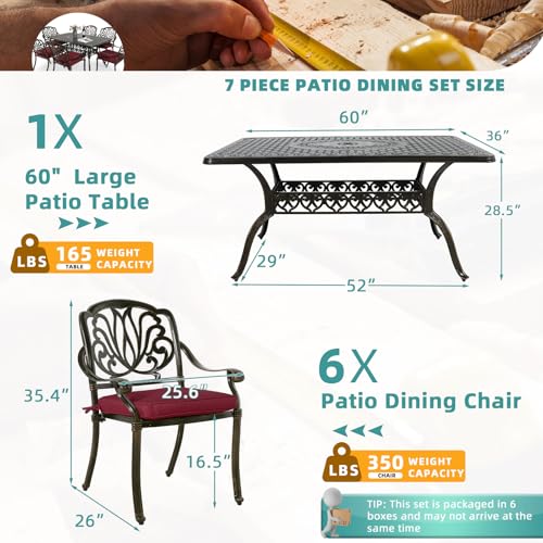 Image of MEETWARM 7-Piece Outdoor Patio Dining Set, 6 Outdoor Dining Cushioned Chairs and 1 Rectangle Table with 2 inch Umbrella Hole, All Weather Cast Aluminum Patio Funiture Set for Backyard, Chili Red