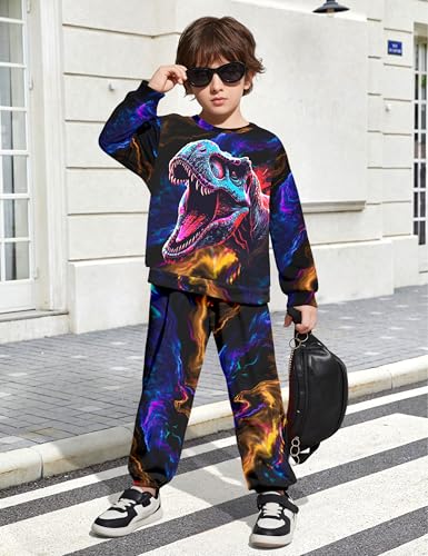 Image of Boys Clothes, T-Rex Print Dinosaur Boy Clothes Fall Winter Outfits Long-sleeved Hooded Sweatshirt Pants 2Pcs Set