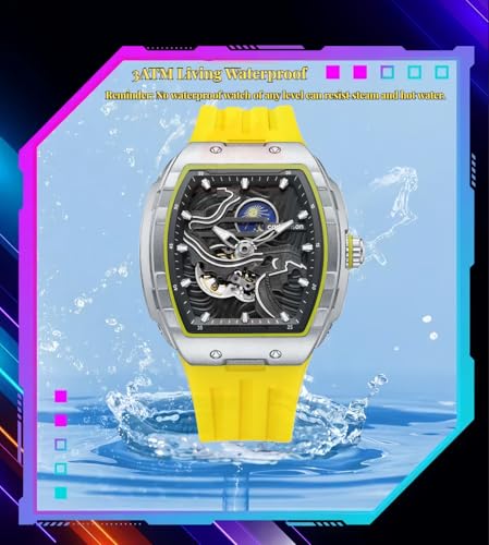 Image of Men's Luxury Steampunk Automatic Mechanical Watch Great Wall of China Pattern Carving Watch Tonneau Hollowed Moon Phase Dial Waterproof Luminous Silicone Wristwatch