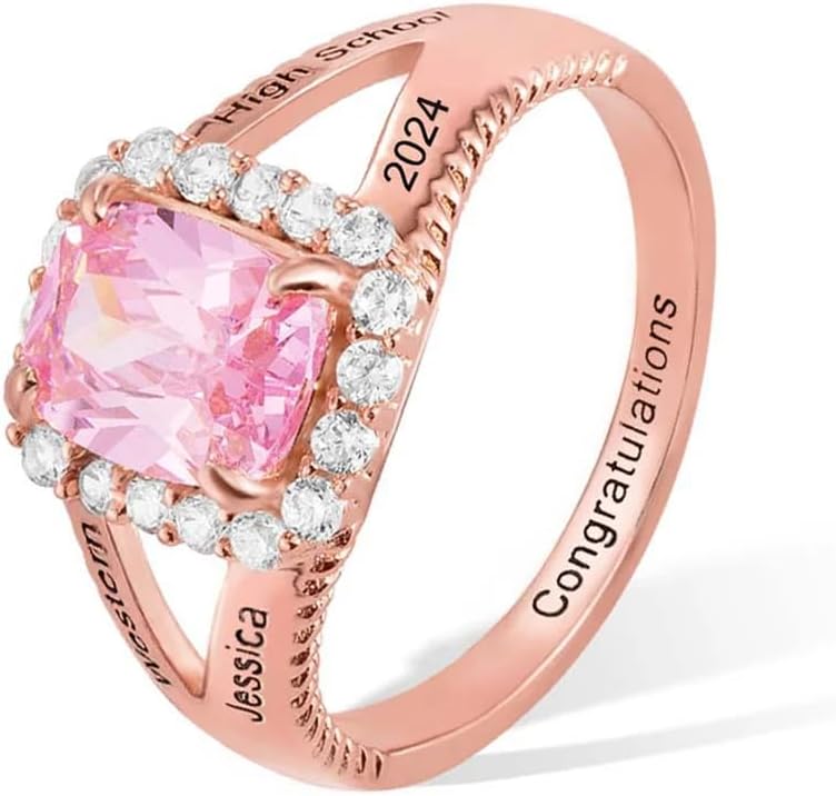 Custom Birthstone Class Ring Silver/10K/14K/18K Gold Personalized Engraving Class Rings Graduation Rings for Women 2025/2026 Class Ring Graduation Jewelry Gifts