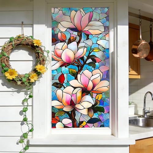 Vinilo Ventana Privacidad 45X100Cm Magnolia Blanca Lámina Privacidad Ventana,Anti UV Electrostatico para Puertas Cristal Cocina,Estático Autoadhesivo para Dormitorio Baño Oficina Cocina Hogar