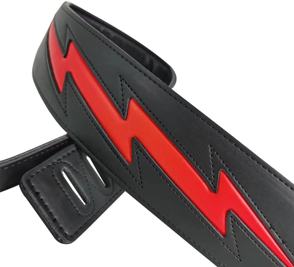 adiya Guitar Strap with Lightning Bolt for Electric Guitars/Bass, Leather Adjustable Length,Black/White/Red Available