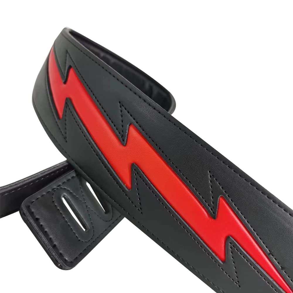 adiya Guitar Strap with Lightning Bolt for Electric Guitars/Bass, Leather Adjustable Length,Black/White/Red Available (Black body red lightning)