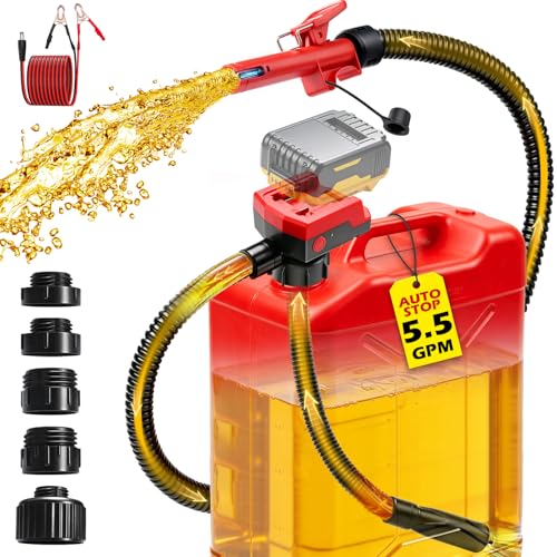 5.5 GPM Cordless Fuel Transfer Pump with Auto Shut-Off & Beep Alert, 57'Hose & 5Adapters, Compatible with DeWalt 20V & Milwaukee 18V Batteries, Portable Gas Can Pump for Gasoline andDiesel (Bare Tool)