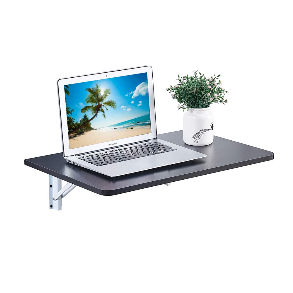 Wall Mounted Floating Computer Table Foladble for Laptop Bedroom Kitchen Space Saving, Folding Wooden Modern Utility Desk Workstation Small with Metal Support (Black)