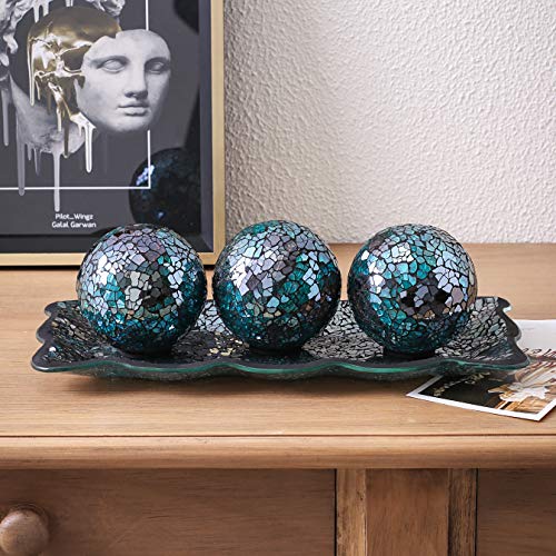 Kmwares 12.4” Mosaic Glass Decorative Tray Dish Plate With 3Pcs 3" Decorative Orbs Balls Sphere Decor For Living Room Or Dining Table Coffee Table Mantle Decor Centerpiece (Turquoise) #TOP3
