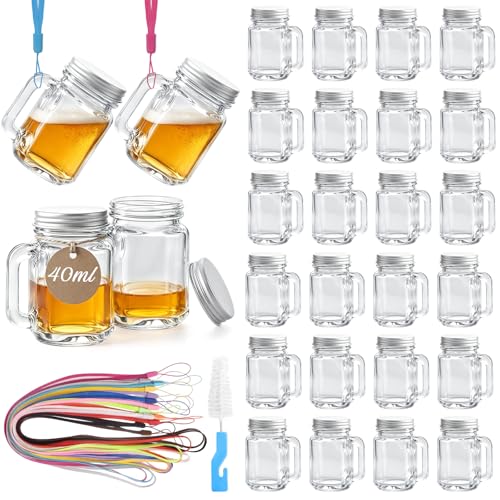 Mssushi 28 Pcs Mini Vasos de Chupito con Tapas Plateadas de Rosca, 40 ml Vasos de Chupito con Asa y Tapas de Rosca, Mini vasos con asa Antifugas, con 28 Cordón Para Aguardiente, Vodka, Carnavales