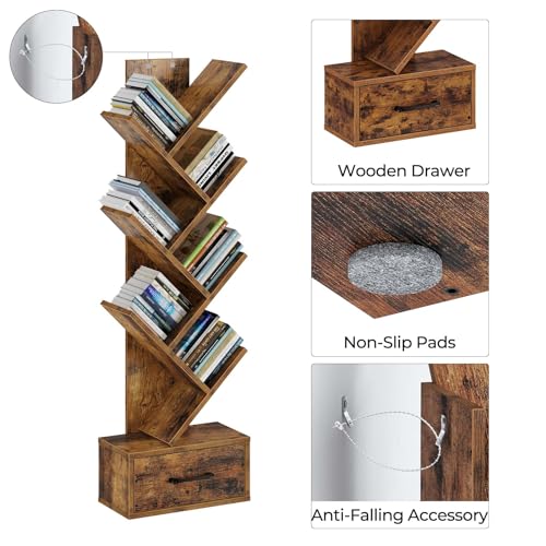 image for Rolanstar Bookshelf with Wooden Drawer, 7 Shelf Tree Bookshelf, Modern