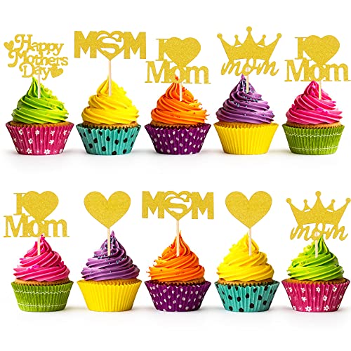 Sgbetter 96 Pieces Happy Mother's Day Cake Toppers Gold Glittery Cupcake Topper For Best Mom Theme Party Cake Dessert Food Decorations #TOP2