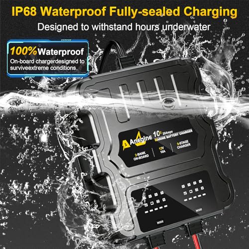 Image of 2 Bank Marine Battery Charger, 20A (10A /Bank) 12V IP68 Waterproof LCD Onboard Battery Charger with Overcharge Protection, Battery Maintainer for Lead-Acid, AGM, Gel, LiFePO4, Lithium, Boat, Car, RV