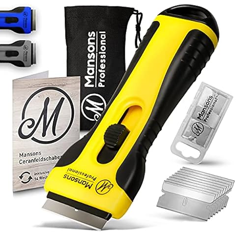 Mansons Ceranfeldschaber mit 15 Klingen für Ceranfeld Kratzer, Herd Glasschaber für Cerankochfeld, Reiniger für Induktionskochfeld & Glaskeramik, Ceran® Schaber für Kochfeld und Backofen, Set (Gelb) Cover