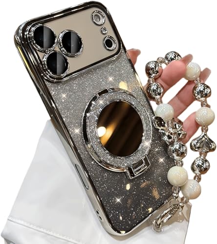 Sparkling Diamond Women's Phone Case with Mirror & Stand & Pearl Lanyard for iphone 17 Pro Max, Magnetic Kickstand Shockproof Fu