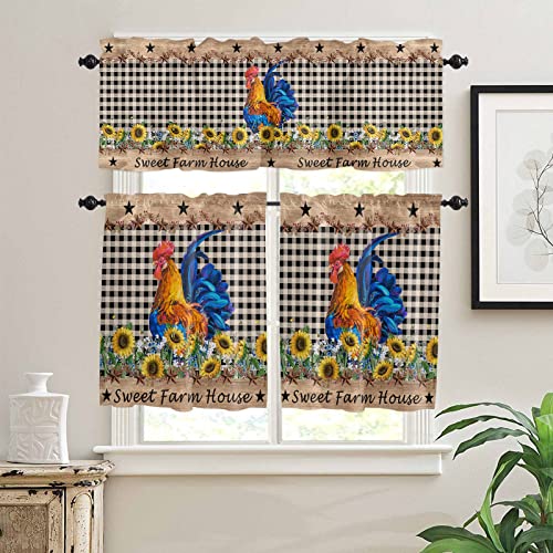 Libaoge Kitchen Curtain Valance And Tiers Set,Farm Rooster Sunflower Black Buffalo Plaid 3 Pieces Semi Sheer Window Treatment Small Window Curtains Set For Bathroom,Bedroom,54Wx18L In+27.5Wx36L In*2 #TOP27