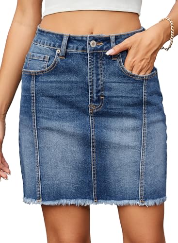 Sidefeel Womens Denim Skirt Casual Stretch High Waist Raw Hem Zip Fly Jean Skirt for Women