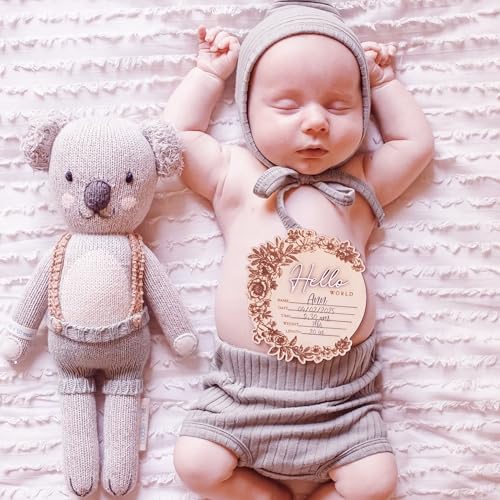 Image of Baby Name Announcement Sign - Floral Wooden Hello World Plaque for Newborn Photo Prop
