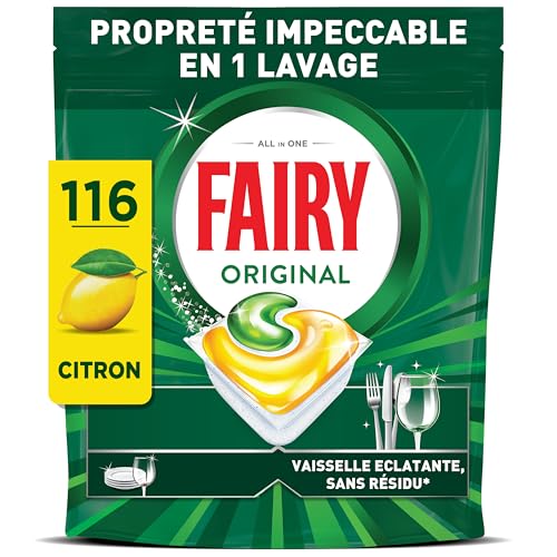 Fairy Original Tablettes Lave-Vaisselle Tout-en-1, 116 Tablettes, Parfum Citron, Efficaces Contre La Graisse Incrustée, Dissolution Ultra-Rapide, Sans Odeur ni Résidus