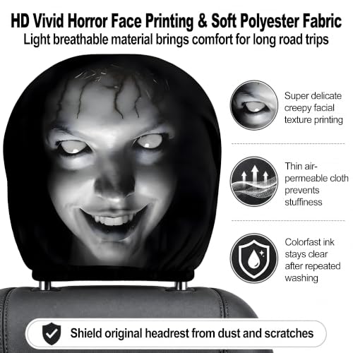 Image of 2Pcs Horror Ghost Face Car Headrest Covers, Universal Stretch Elastic Headrest Protector, Funny Prank Halloween Auto Interior Decor Accessories Fit Most Vehicles (B)