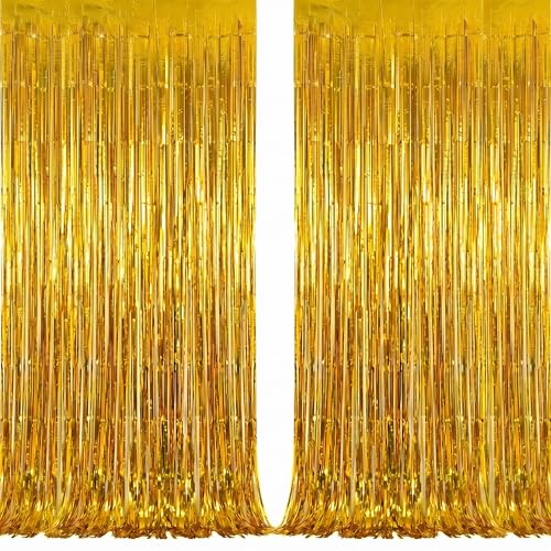 Image of Gold Tinsel Backdrop Birthday Decorations, 2Pack Foil Curtain Backdrop Gold Streamers Dance Party Decorations Photo Booth Props for Bachelorette Decors Christmas Halloween New Years Eve Party Supplies