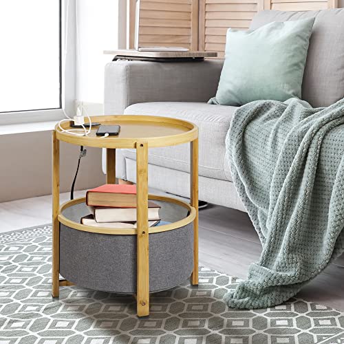 Daily&Diary End Table With Charging Station, Round Side Table With Storage Usb Ports And Outlets, Bamboo Nightstand For Living Room, Bedroom, Balcony, Office Room(Natural) #TOP2