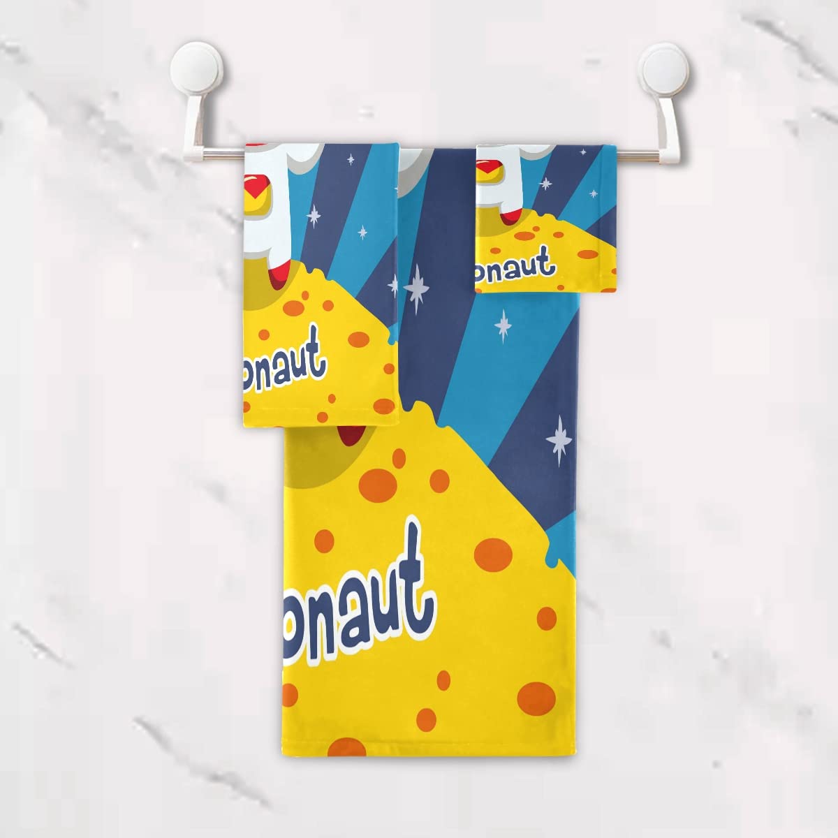 Astronauta Luna Linda Caricatura Juego de Toallas para Baño Playa 100% Algodón de Piscina Toalla (1 Toalla de Baño y 1 Toalla de Mano y 1 Paño de Lavado) para Nadar Hotel Niñas Niños Niños