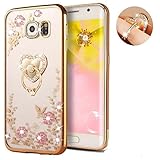 Galaxy Note 5 Floral Crystal TPU Case--Inspirationc Soft Slim Bling Plating Rubber Cover for Samsung Galaxy Note 5 with Rhinestone Diamond and Detachable 360 Ring Stand--Gold and Pink