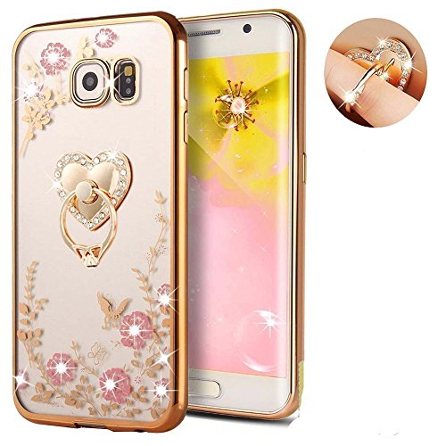 Galaxy Note 5 Floral Crystal TPU Case-Inspirationc Soft Slim Bling Plating Rubber Cover for Samsung Galaxy Note 5 with Rhinestone Diamond and Detachable 360 Ring Stand-Gold and Pink