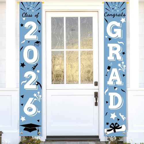 Graduation Porch Banner Class Sign Light Blue Congrats Grad Hanging Flags High School College University Party Decoration For Front Door Outdoor Light Blue