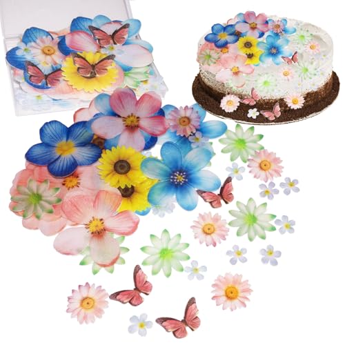Topapfo 55pcs Edible Flower Butterflies Cake Toppers Cupcake Toppers Wafer Paper Cake Decorations for Themed Party Wedding Bridal Shower Birthday Decorations
