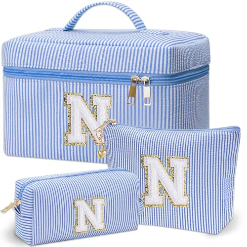 Personalized Monogram Makeup Bag, 3PCS Custom Monogrammed Toiletry Cosmetic Bag for 6-18 Teen Girls Women,Birthday Graduation Gifts Initial Pouch Makeup Bags for Women Girls, Make Up Bag (N, Blue)