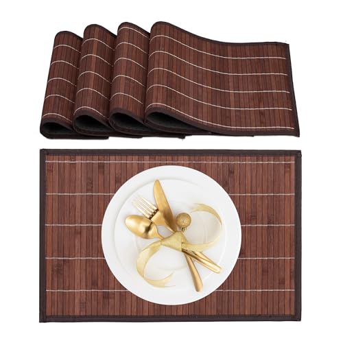 Relaxdays Set 4 Tovagliette in bambù, Bordo in Tessuto, Sottopiatto Antiscivolo, 45x30 cm, Tovaglie Tavolo, Marrone Nero