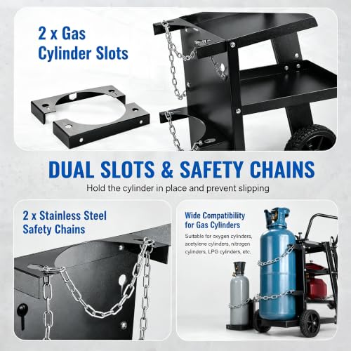 Image of Welding Cart, 2-Tier Heavy Duty Welder Cart with 2 Drawers & Lockable Cabinet, 350LBS Load Capacity, Dual Cylinder Slots & Safety Chains, 360 Swivel Wheels for MIG Welder & Plasma Cutter