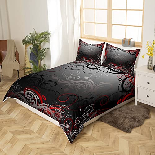 Gray Floral Swirls Duvet Cover Full,Gothic Leaf Bedding Set 3Pcs For Kids Teens Adult Room Decor, Abstract Mystic Trippy Comforter Cover Black Red Quilt Cover With 2 Pillowcases #TOP2