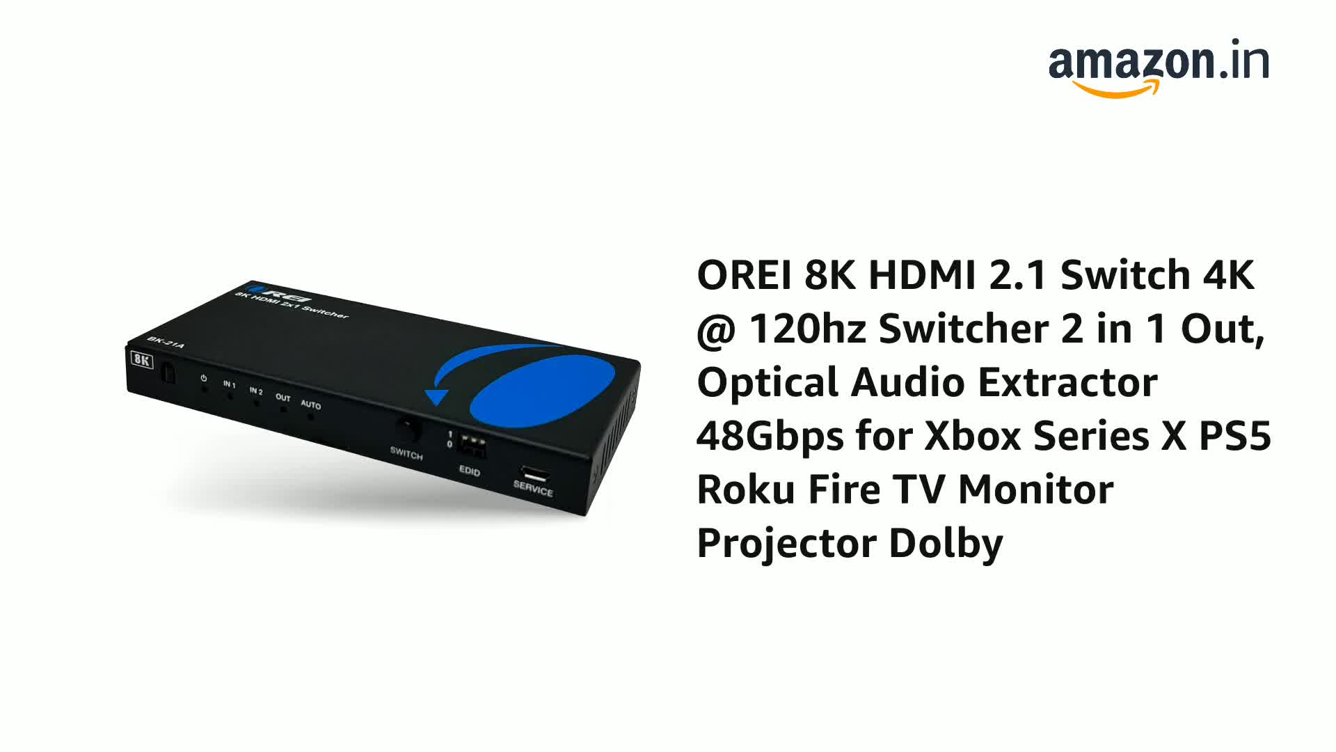 OREI 8K HDMI 2.1 Switch 4K @ 120hz Switcher 2 in 1 Out, Optical
