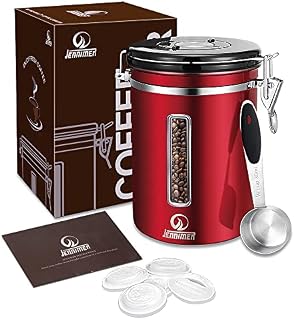 JENNIMER Coffee Canister- Large 1.8L/650g, Stainless Steel Coffee Storage Container Transparent Window Keep Fresh Coffee Beans, Date Tracker, CO2-Release Valve & Measuring Scoop (Red)