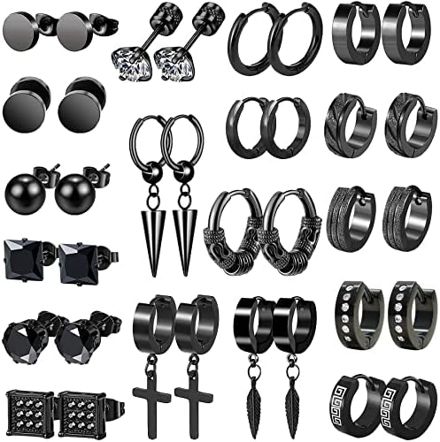 LASPERG Earrings for Men, 18 Pairs Mens Earrings Hoop Black Earrings for Men Stainless Steel Stud Cross Dangle Hoop Earrings Set Fashion Piercing Jewelry