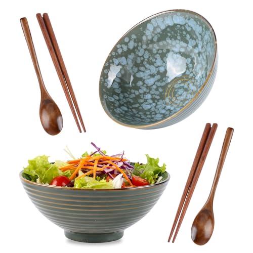 CZCMYAU 1200ml Ceramic Ramen Bowl Set of 2,Ceramic Japanese Ramen Bowl Set with Wooden Chopsticks Spoons