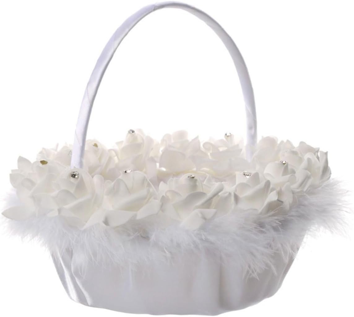 KESYOO Wedding Flower Girl Basket White Delicate Wedding Basket with Handle for Bride Ceremony Supplies and Flower Petals Holder