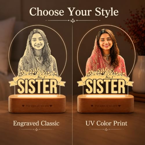 Image of ZOCI VOCI Rakhi Gift for Sister - Personalized HD Photo Lamp with Custom Color Photo Print & Warm White LED, Acrylic Memory Lamp, Raksha Bandhan Gift from Brother, Birthday Gift for No.1 Sister