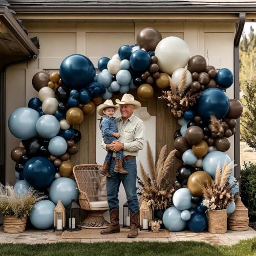 Image of Blue Brown Sand White Balloon Arch Double Stuffed Blue Black Brown Balloons | brown dark blue balloon garland kit for Boho Birthday baby shower cowboy gender reveal retirement anniversary party decor